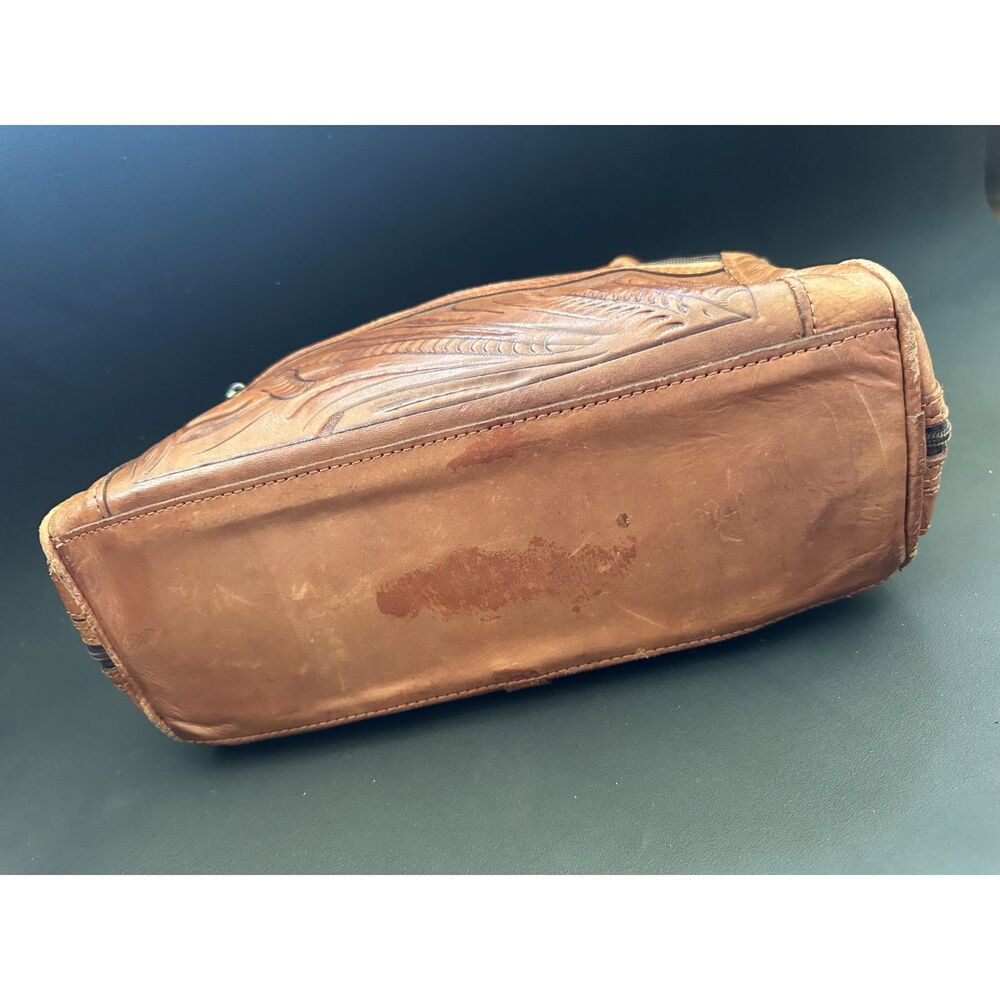 Vintage Hand Tooled Leather Satchel Bag Western Tooled Crossbody Purse Brown - Picture 10 of 16